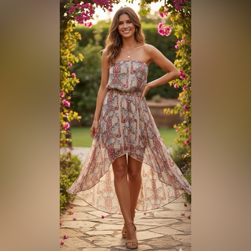 Miss avenue Off-The-Shoulder High-Low Maxi Dress size large drawstring belt *